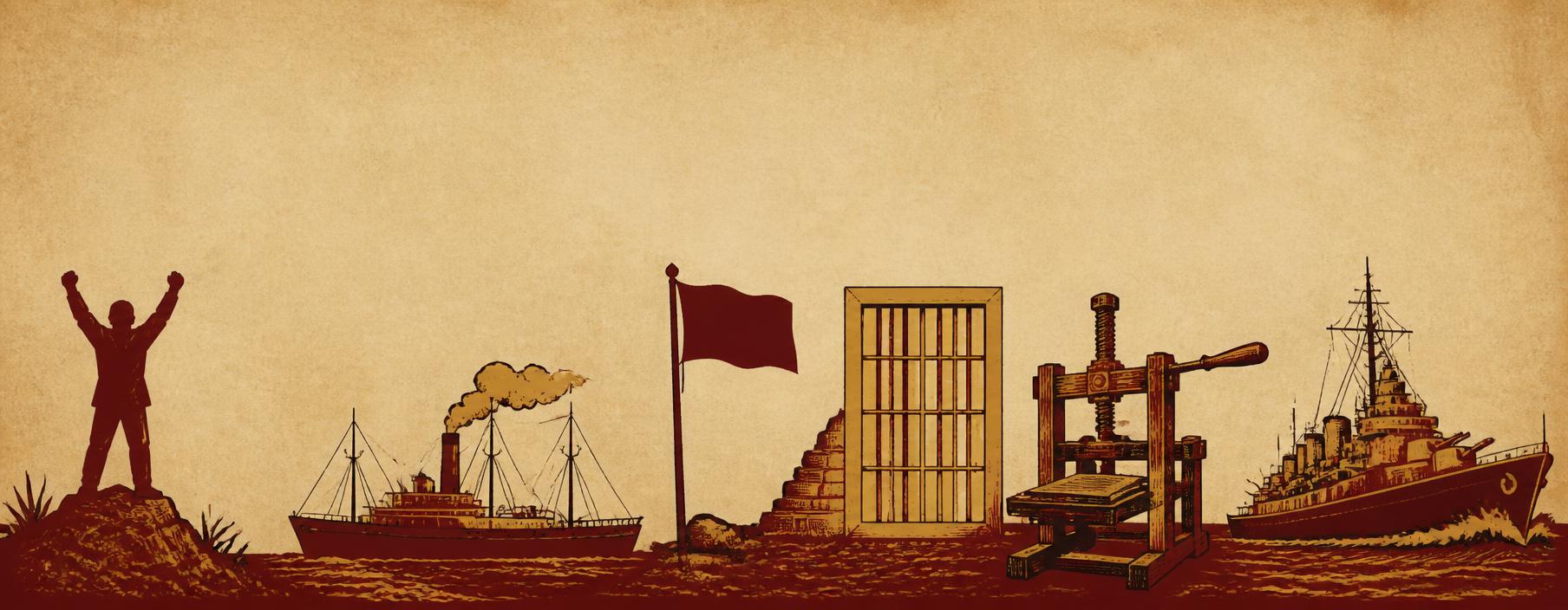 Woodcut-style silhouettes of a protester, ships, a flag, prison bars and a printing press
